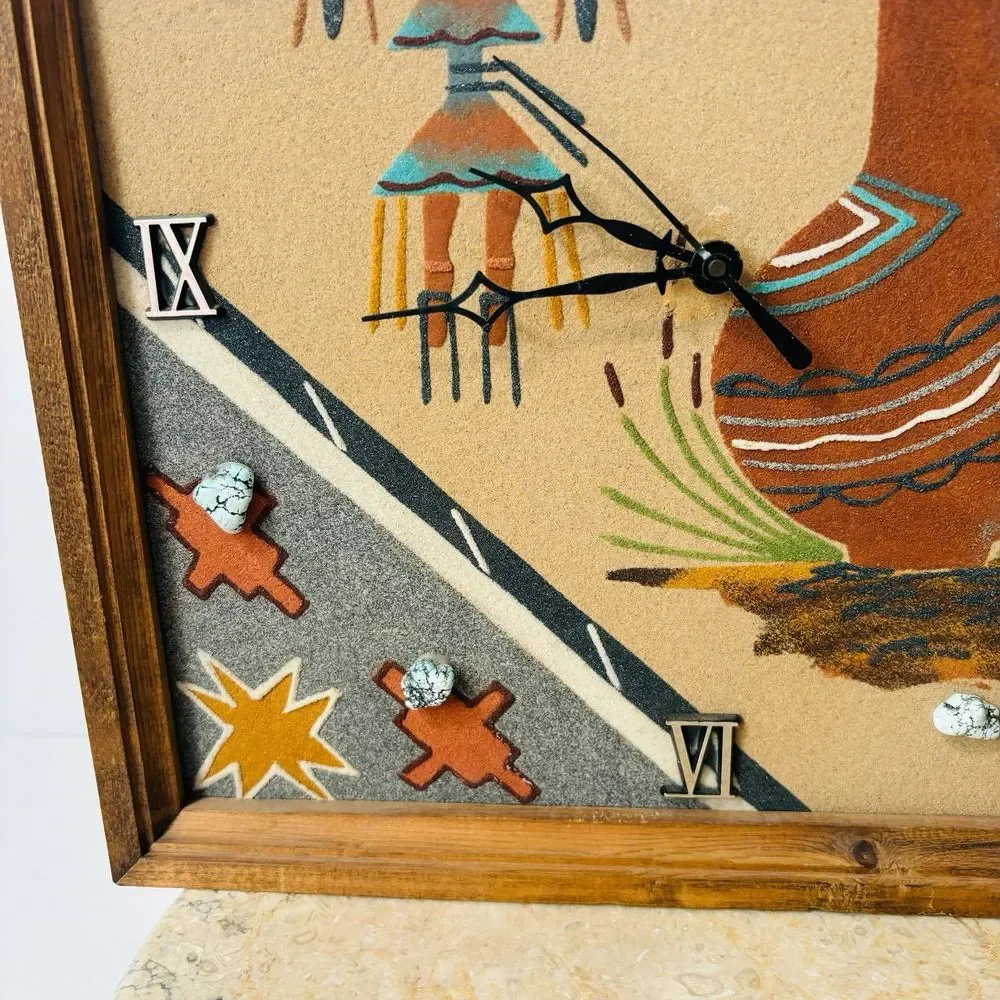 Vintage‎ Native American Navajo Turquoise Stones Sand Painting Art Clock VTG